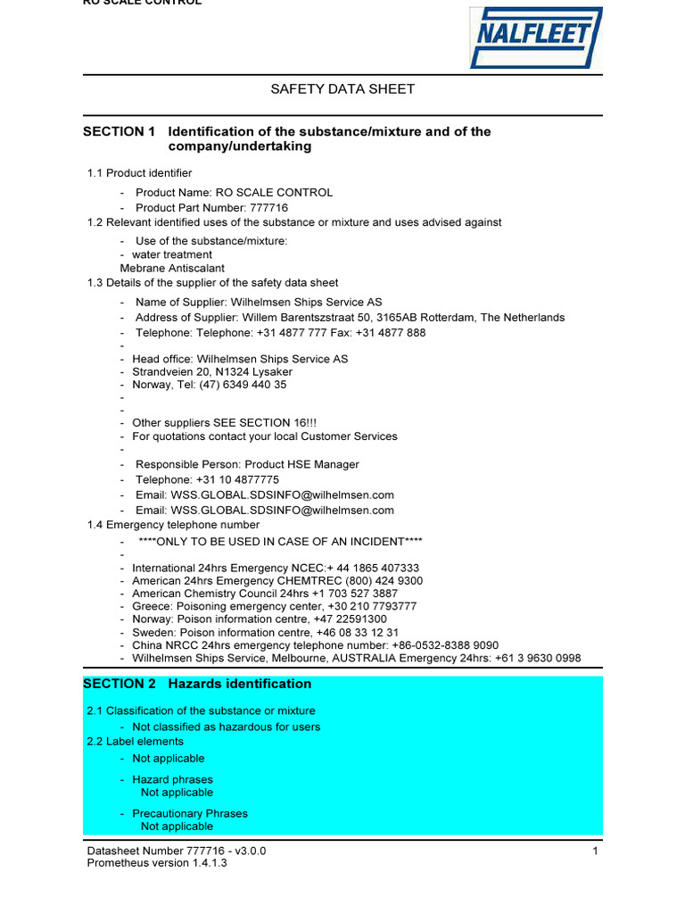 RO Scale Control Safety Data Sheet | PDF | Personal Protective ...