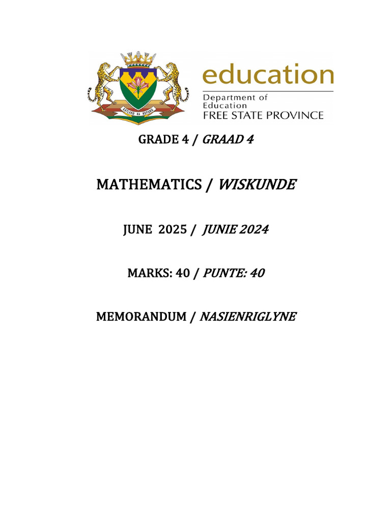 Grade 4 Maths Exam Memo June 2025 | PDF