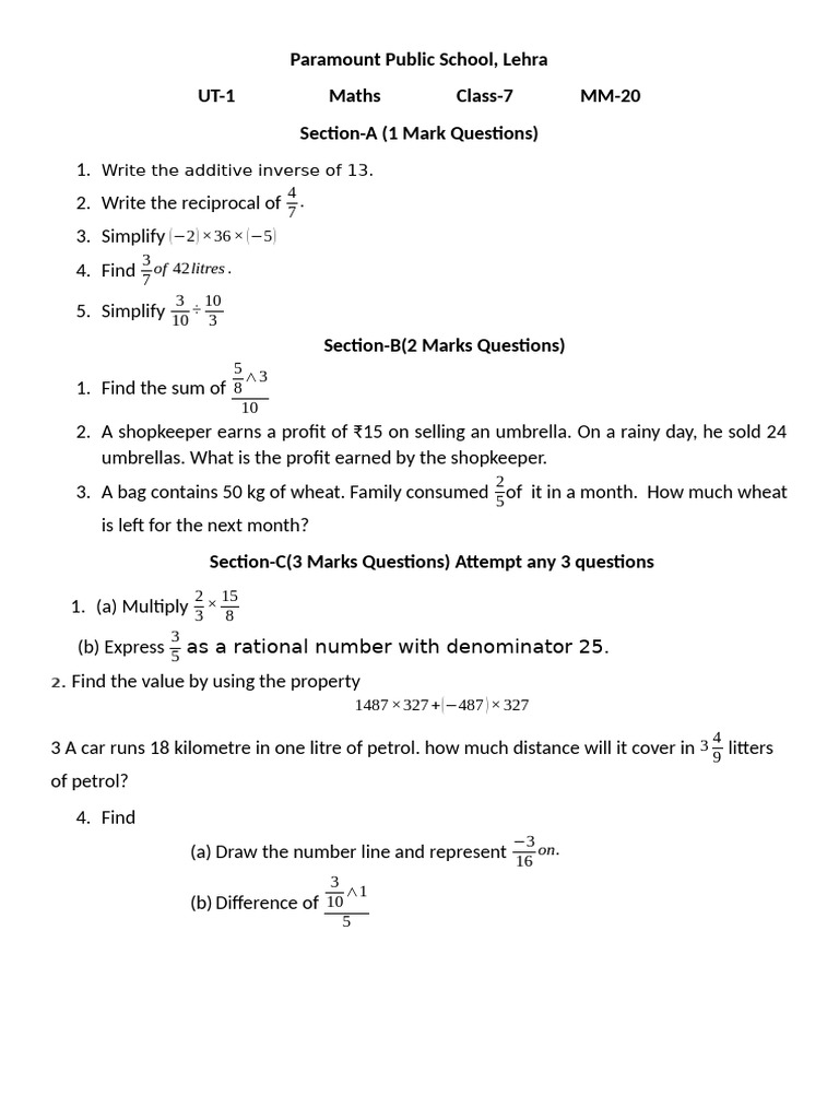 Maths Class 7 UT 1 Updated | PDF