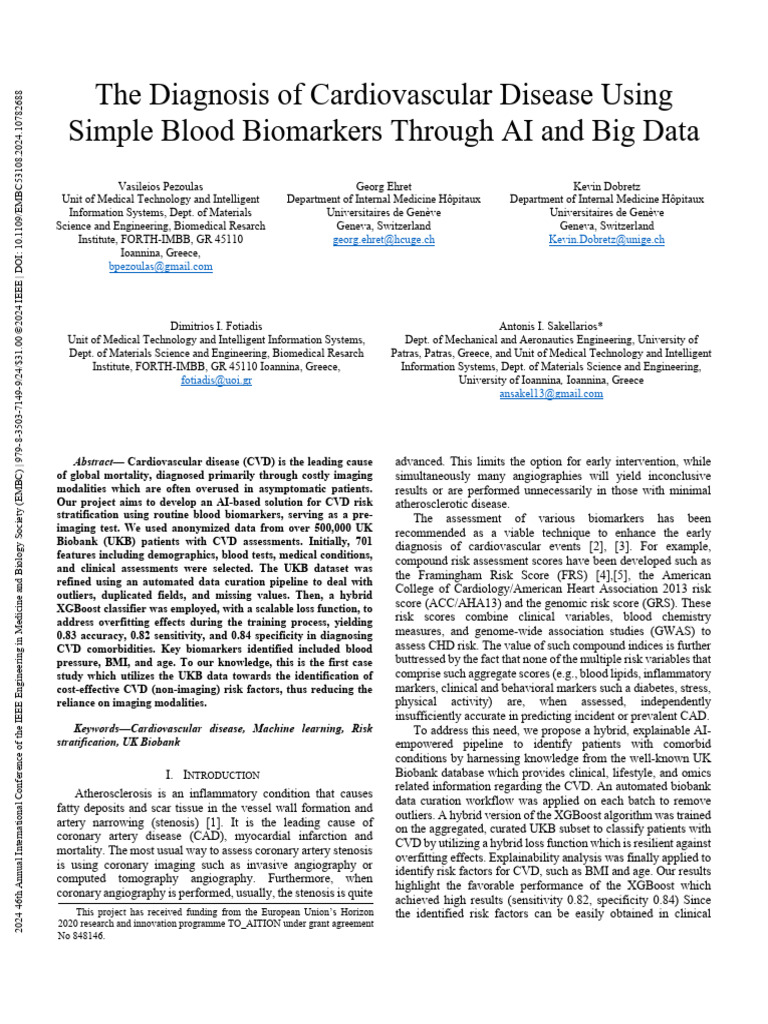 The Diagnosis of Cardiovascular Disease Using Simple Blood Biomarkers ...