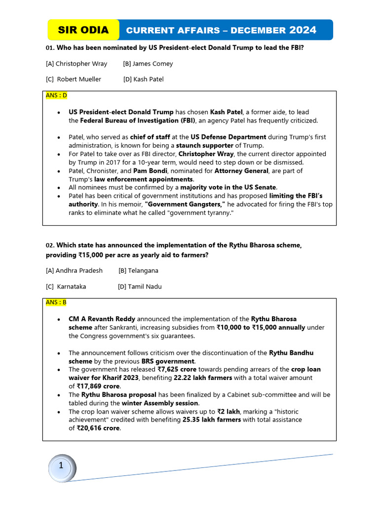 December 2024 Current Affairs Summary | PDF