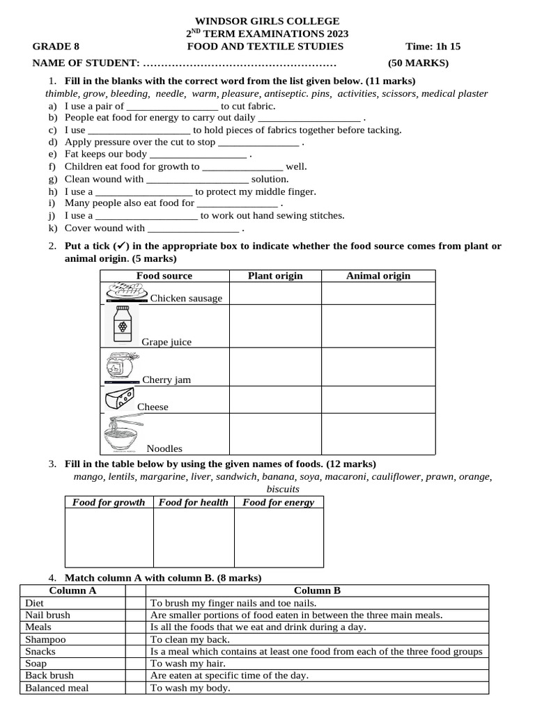 Grade 8 Food and Textile Exam 2023 | PDF | Foods | Meal