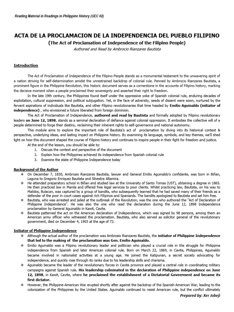Act of Philippine Independence 1898 | PDF | Philippines | Spanish East ...