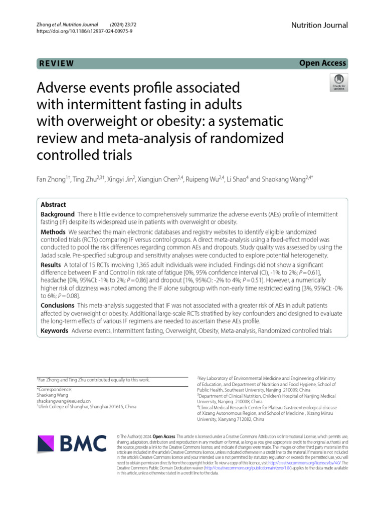 Adverse Events Profile Associated With Intermittent Fasting in Adults ...