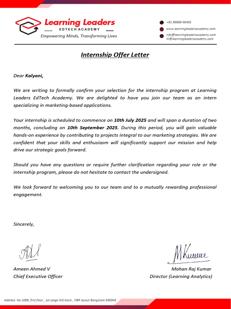Internship Offer for Kalyani at Learning Leaders | PDF