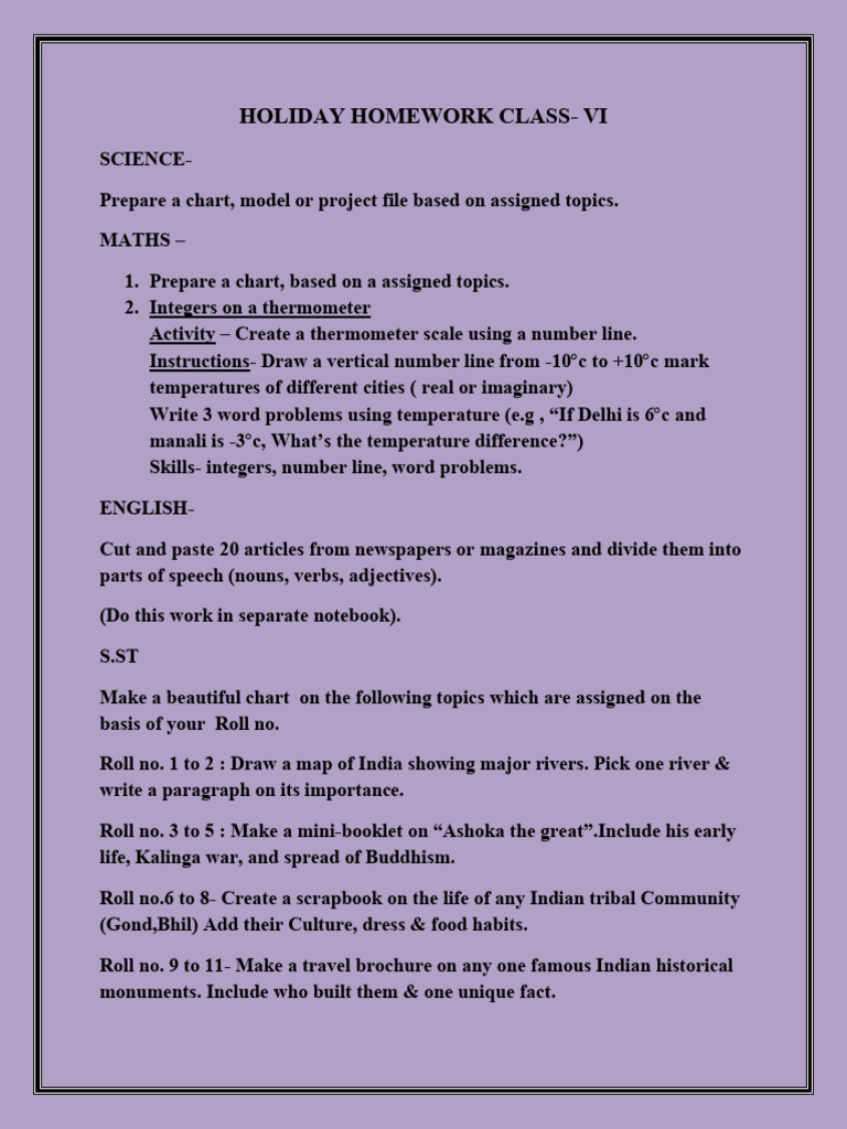 Class - 6 Holiday Homework | PDF