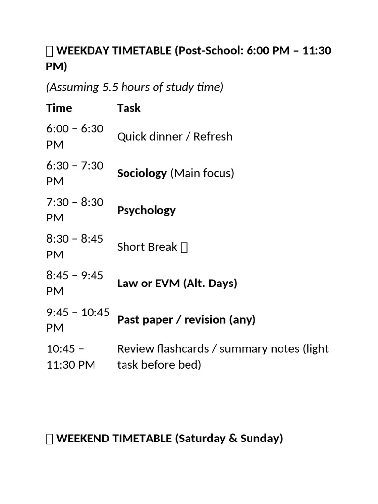 Weekly Study Timetable Overview | PDF