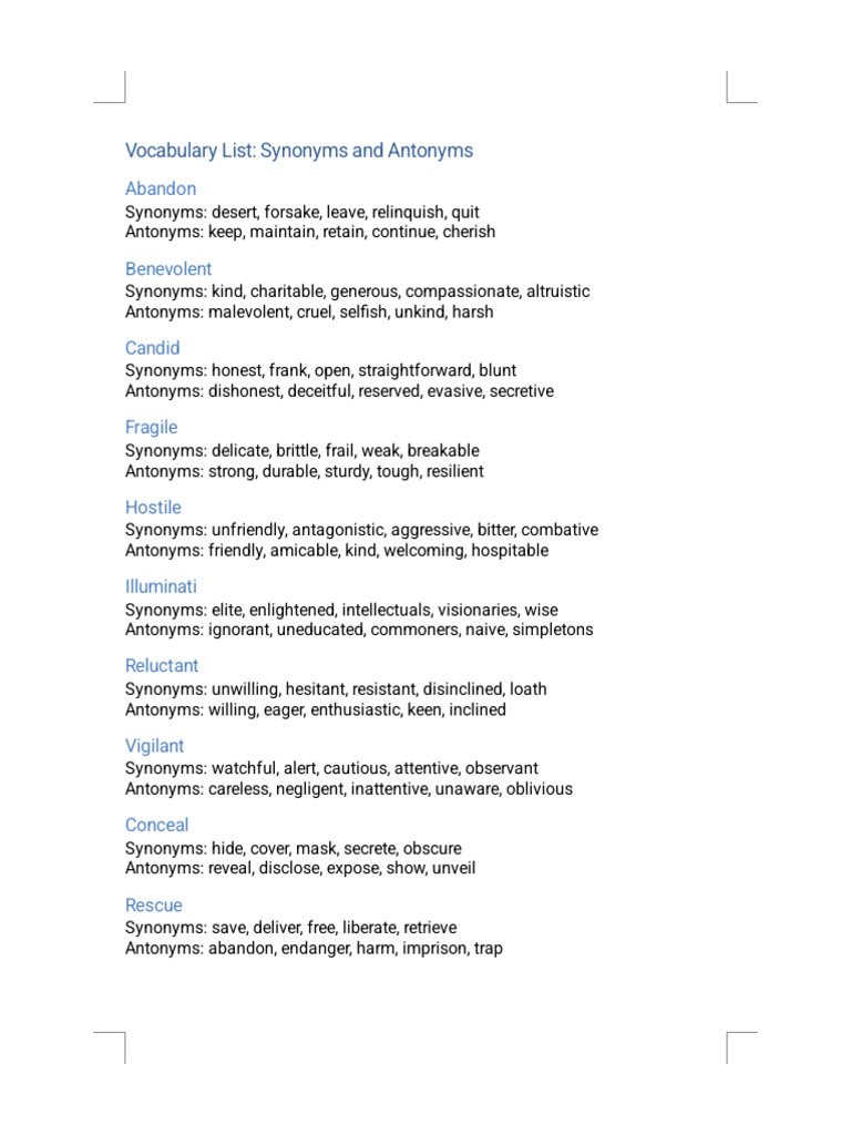 Synonyms and Antonyms Vocabulary List | PDF
