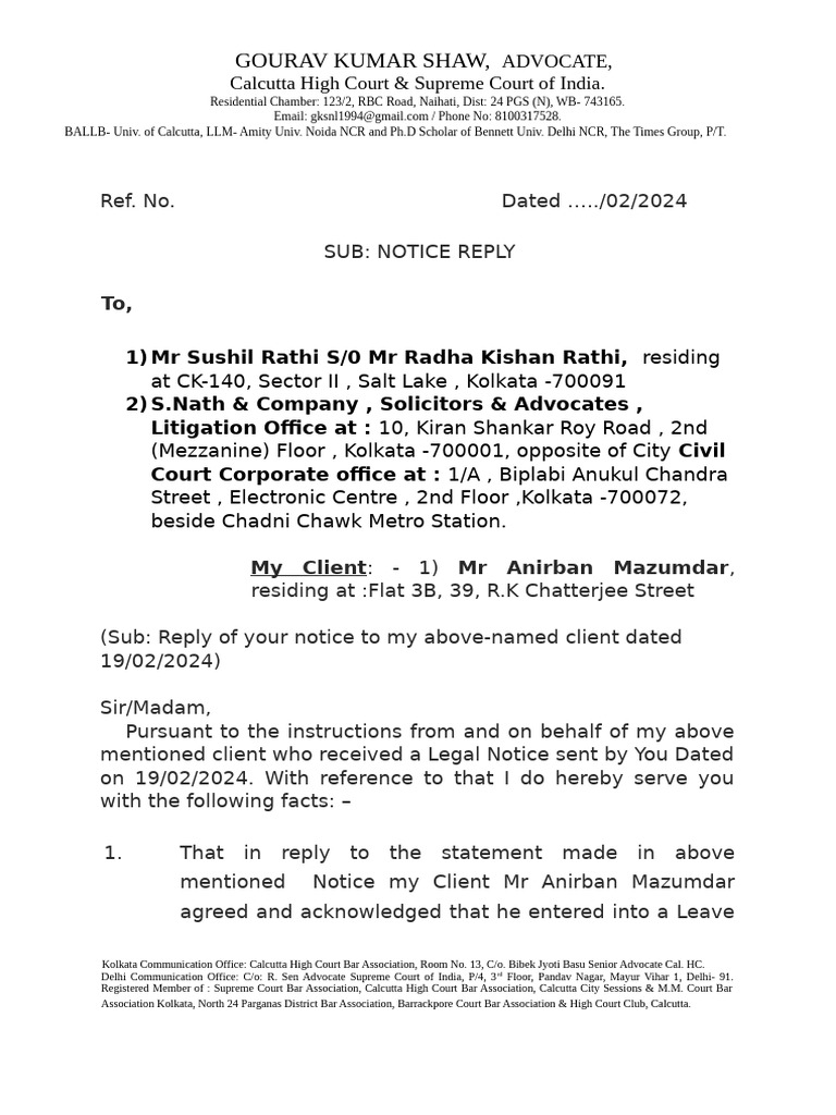 Legal Notice Reply for Anirban Mazumdar | PDF | License | Advocate