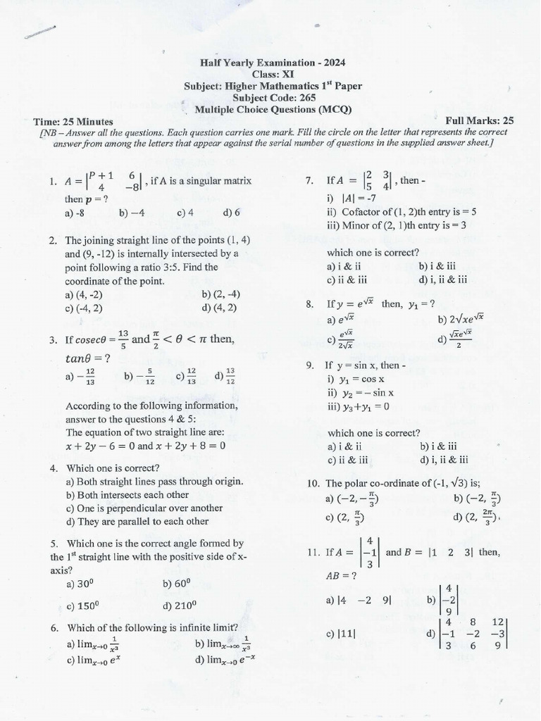 H. Math Half Yearly Question | PDF