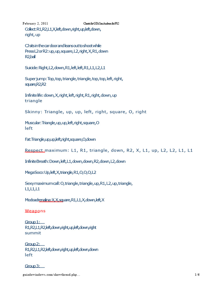 GTA San Andreas Cheats For PS2 PDF 1