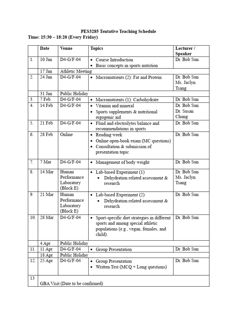 PES3285 Tentative Course Schedule - Update On 13 Jan | PDF | Sports ...