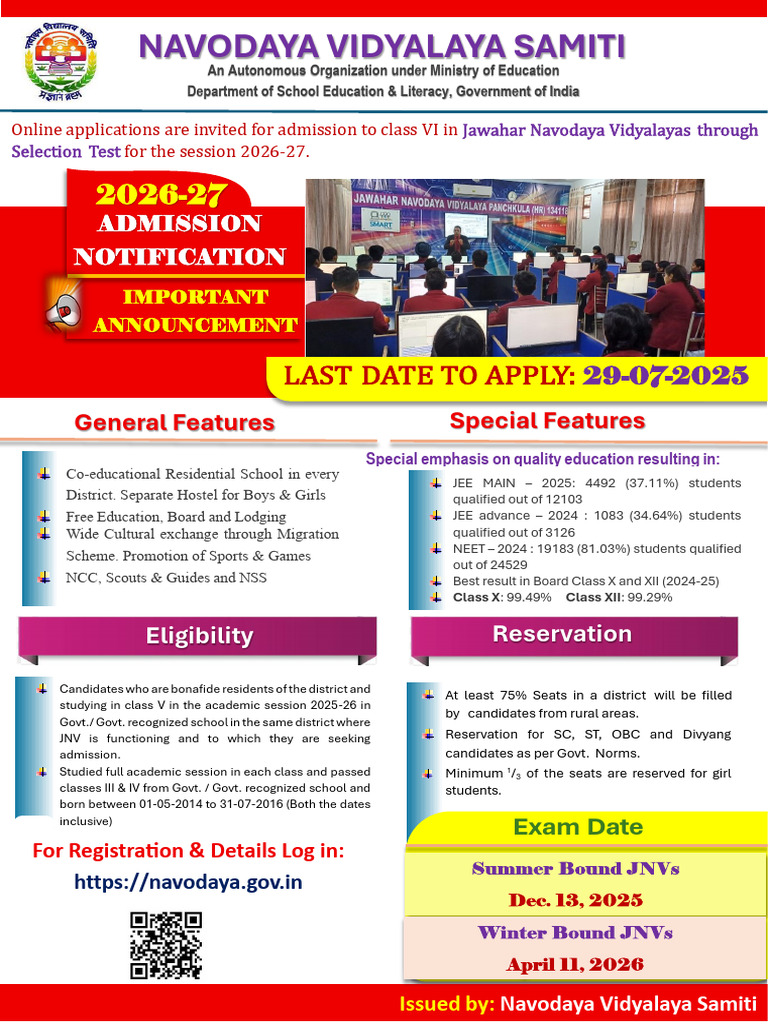 JNVST 2026-27 Admission Notification | PDF | Educational Stages ...