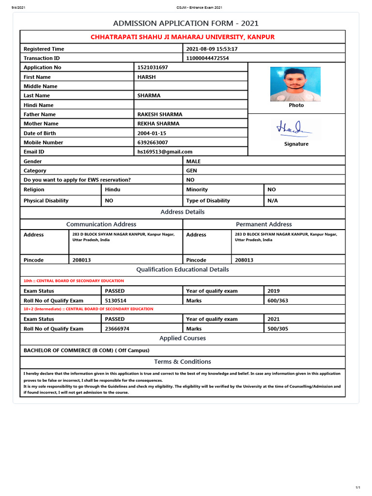 CSJM Entrance Exam Application 2021 | PDF