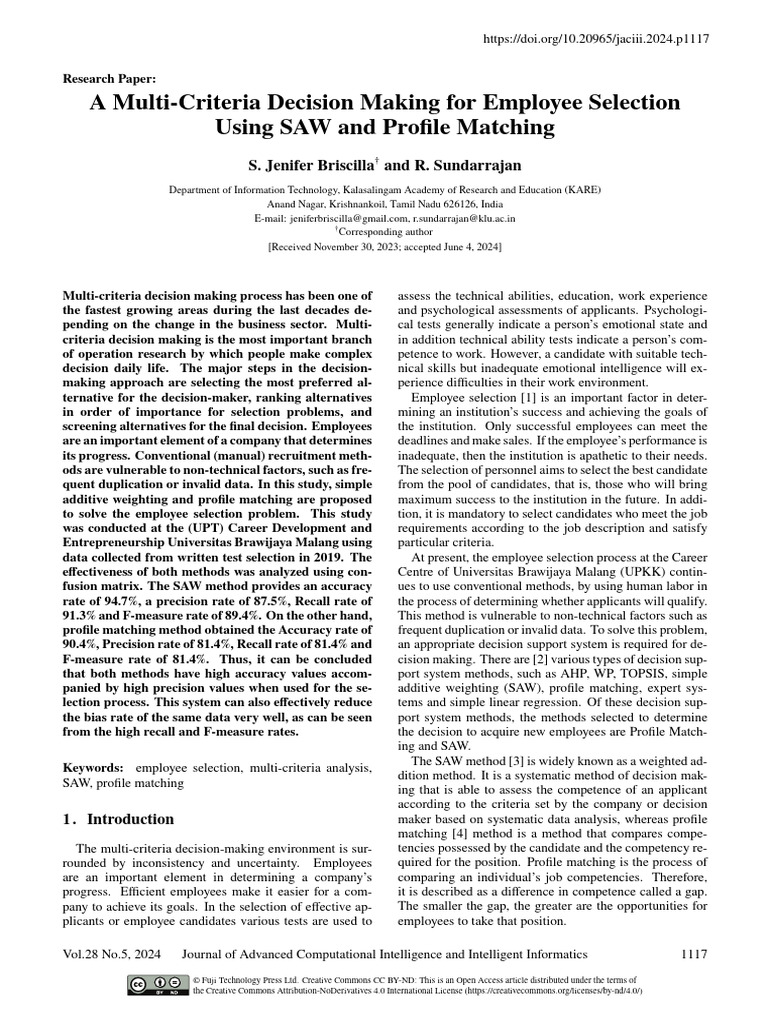 A Multi-Criteria Decision Making For Employee Selection Using SAW and ...