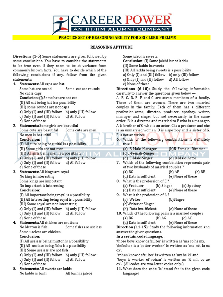 SBI Clerk Prelims Reasoning Practice Set | PDF | Chess Theory | Chess