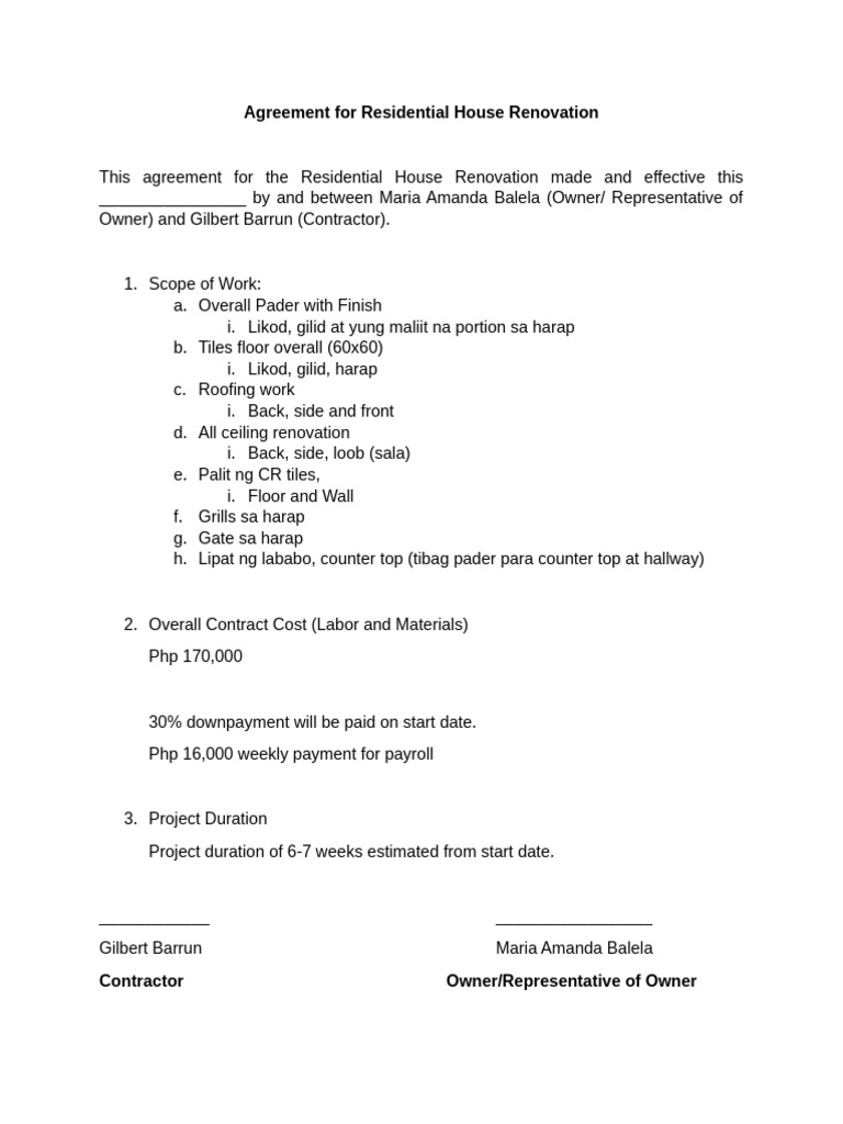 Residential Renovation Agreement Template | PDF