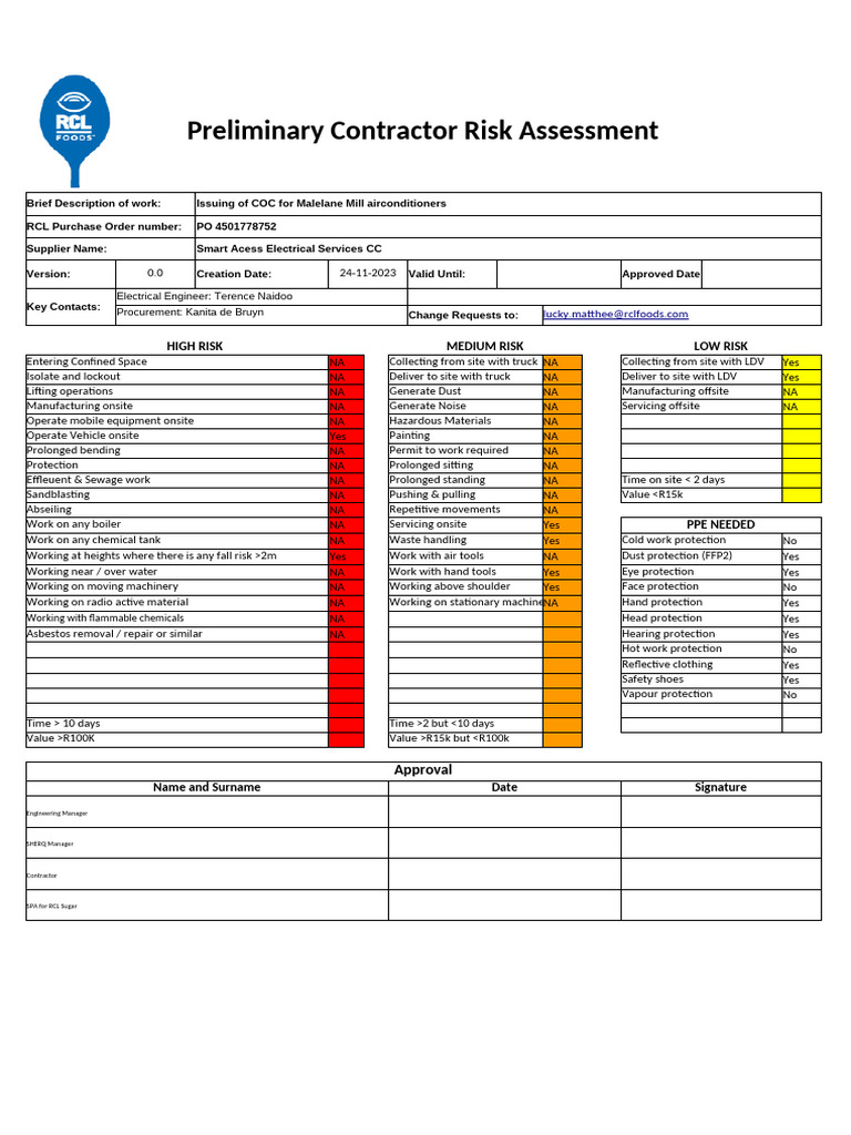 Prelim' Contractor Risk Assessment Smart Acess Electrical Services PO ...