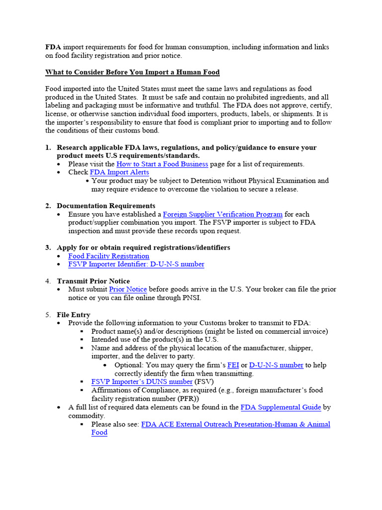 FDA Food Import Requirements Guide | PDF | Food And Drug Administration ...