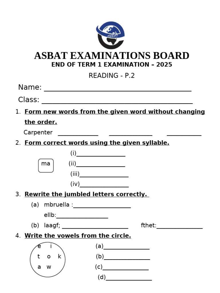 ASBAT Term 1 Reading Exam 2025 | PDF | Chess | Chess Theory