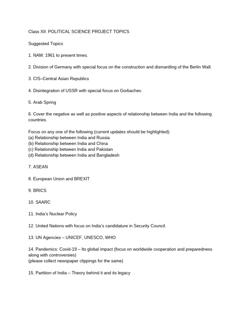 Class 12 Political Science Project Topics | PDF
