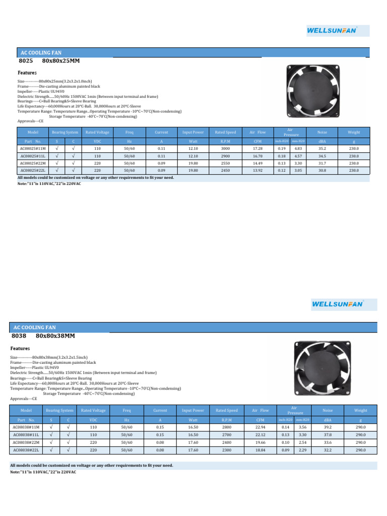 AC Cooling Fans Specifications and Models | PDF | Noise | Decibel