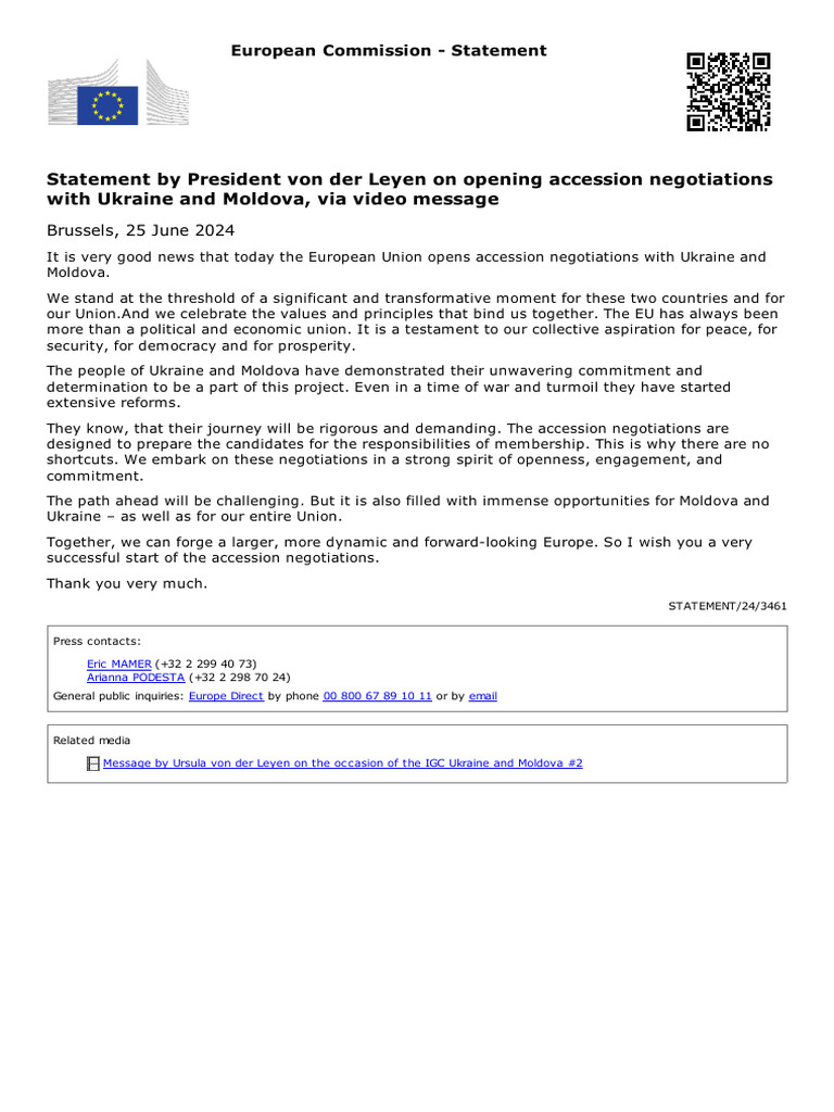 Statement by President Von Der Leyen On Opening Accession Negotiations ...