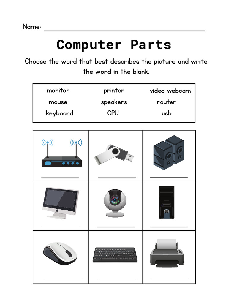 Computer Parts Identification Worksheet in Black Illustrative Style | PDF