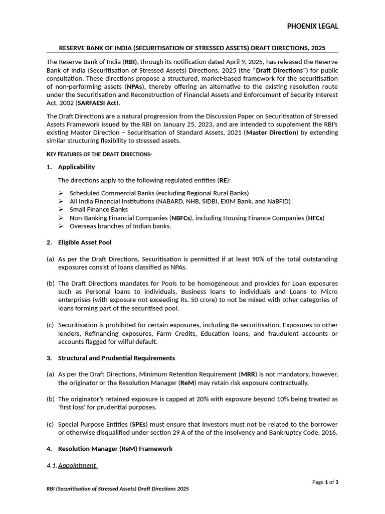 RBI Draft Directions on Stressed Assets | PDF | Securitization ...
