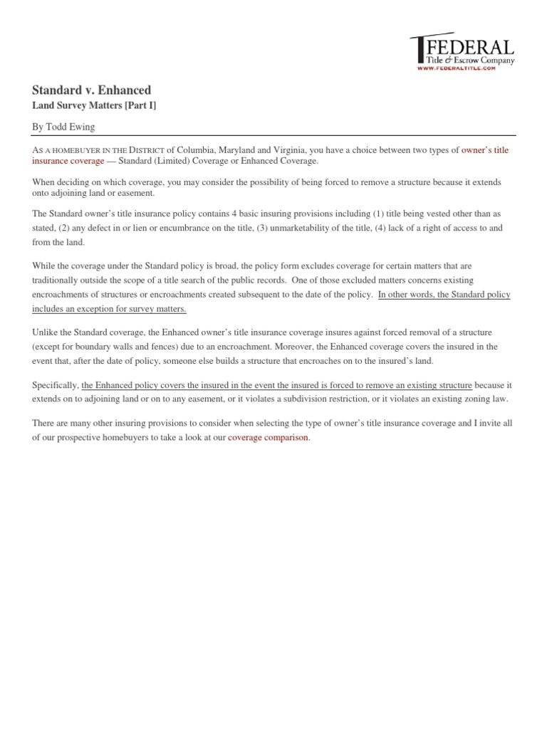 Standard v Enhanced Title Policy Comparison Title Insurance Lien