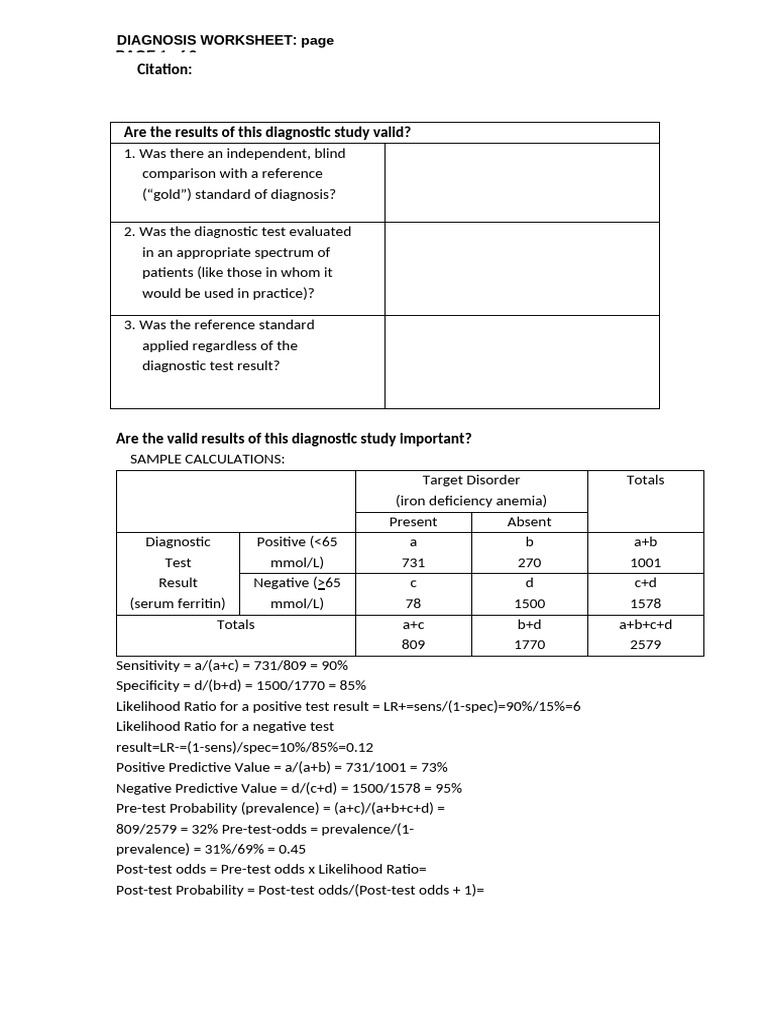 Diagnostic Test Evaluation Worksheet | PDF | Sensitivity And ...