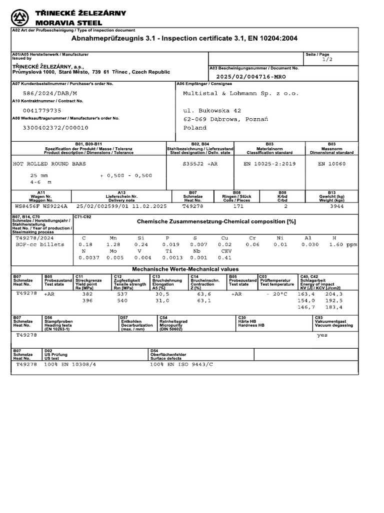 S355 Certyficate | PDF