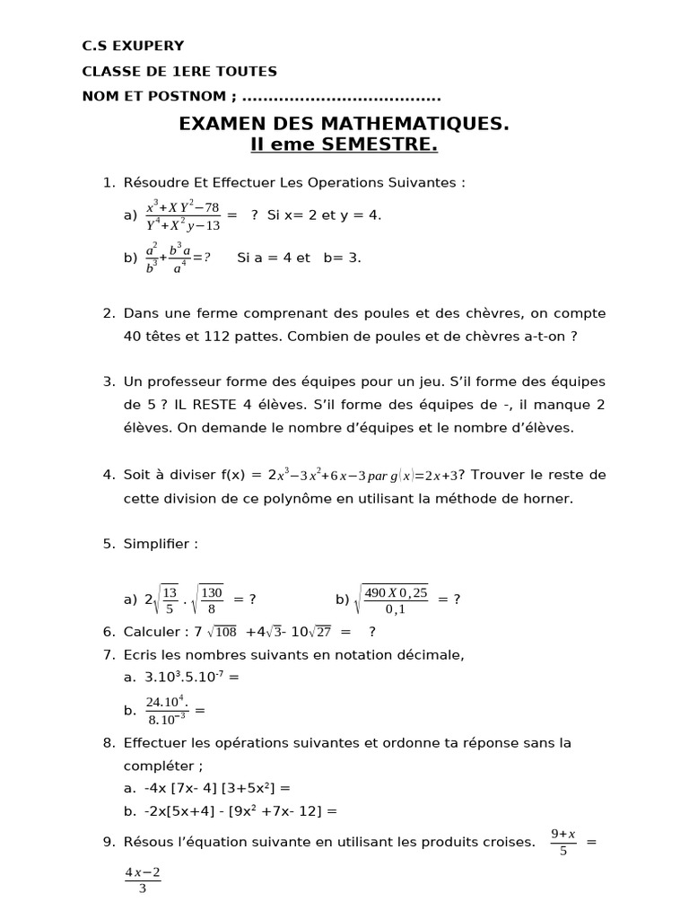 Examen de Mathématiques 1ère Semestre | PDF