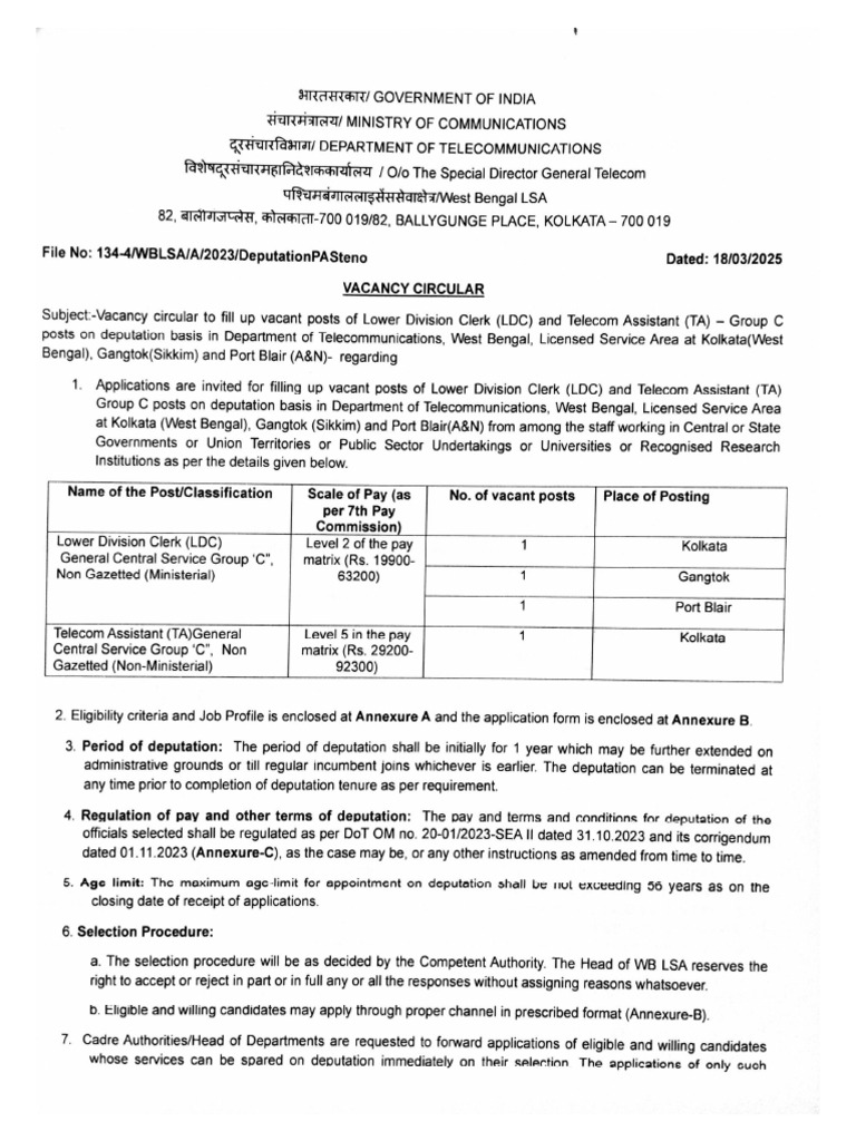 DOT Recruitment For 4 LDC Telecom Assistant Posts Notification and ...