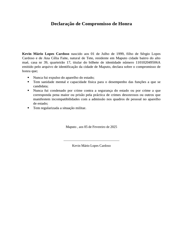 Compromisso de Honra de Kevin Cardoso | PDF