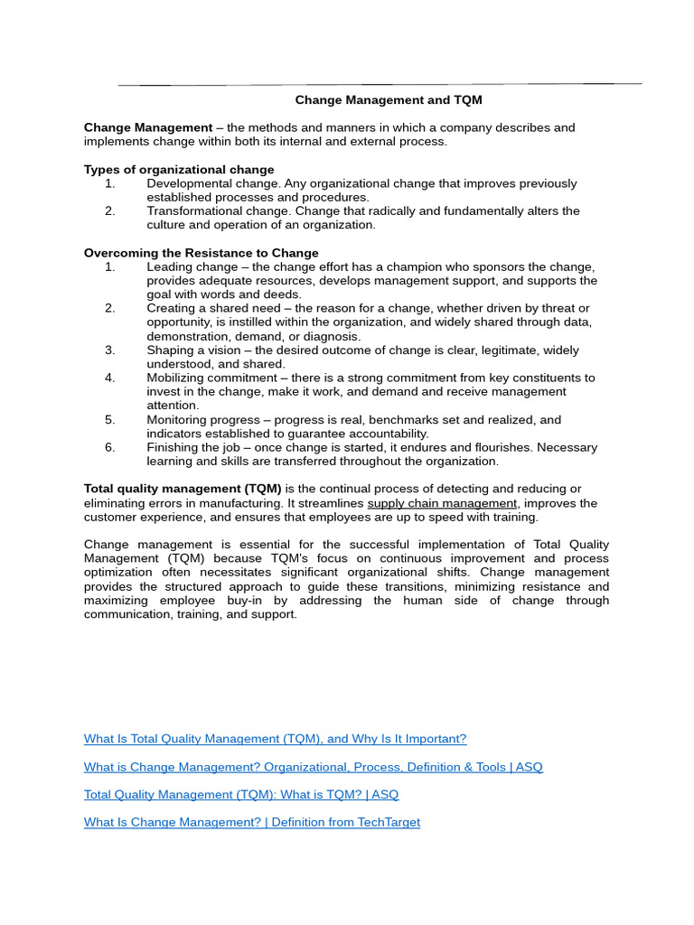 Change Management and TQM | PDF | Change Management | Quality Management