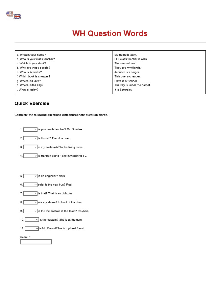 WH Questions Exercises for Beginners | PDF