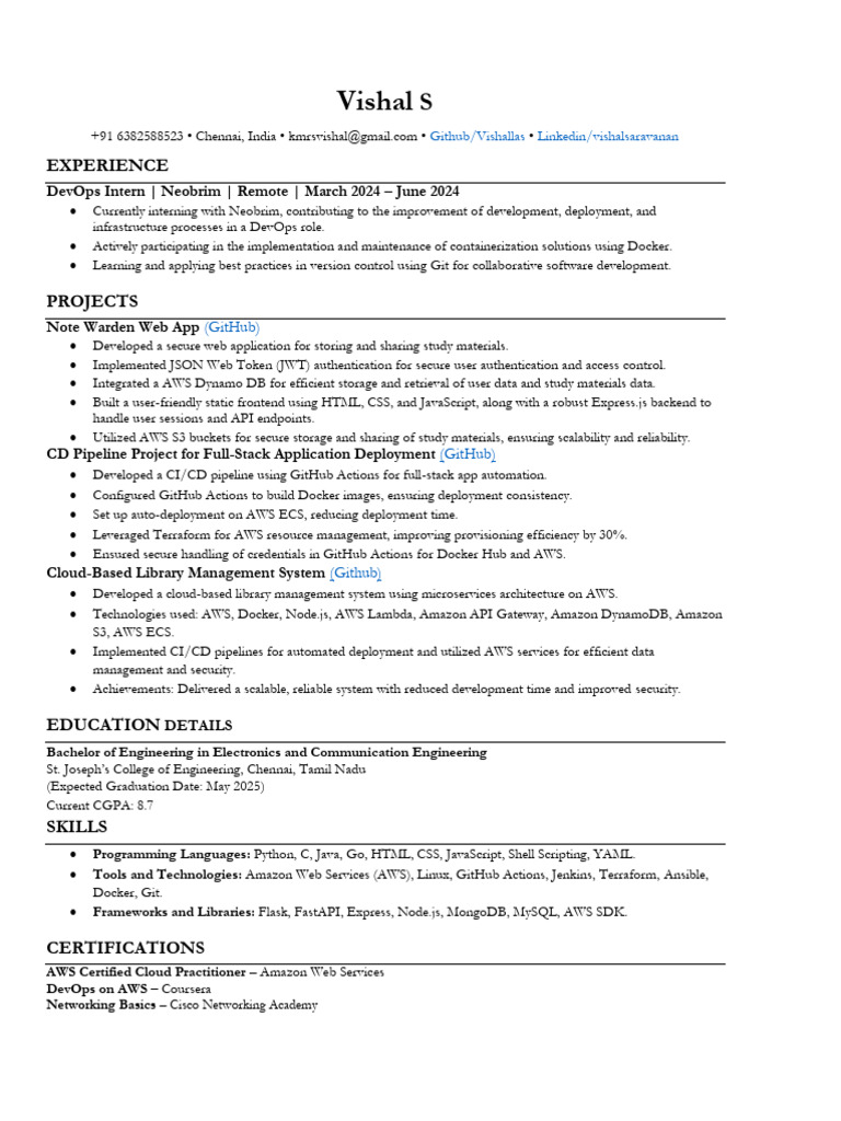 Resume Vishal (1) | PDF | Amazon Web Services | Cloud Computing