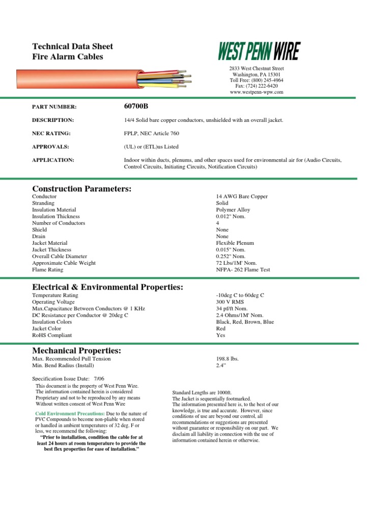Technical Data Sheet Fire Alarm Cables Part Number Description Nec