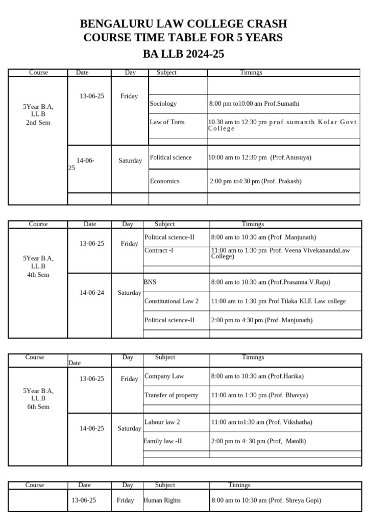 Crash Course Time Table 5 Yr | PDF