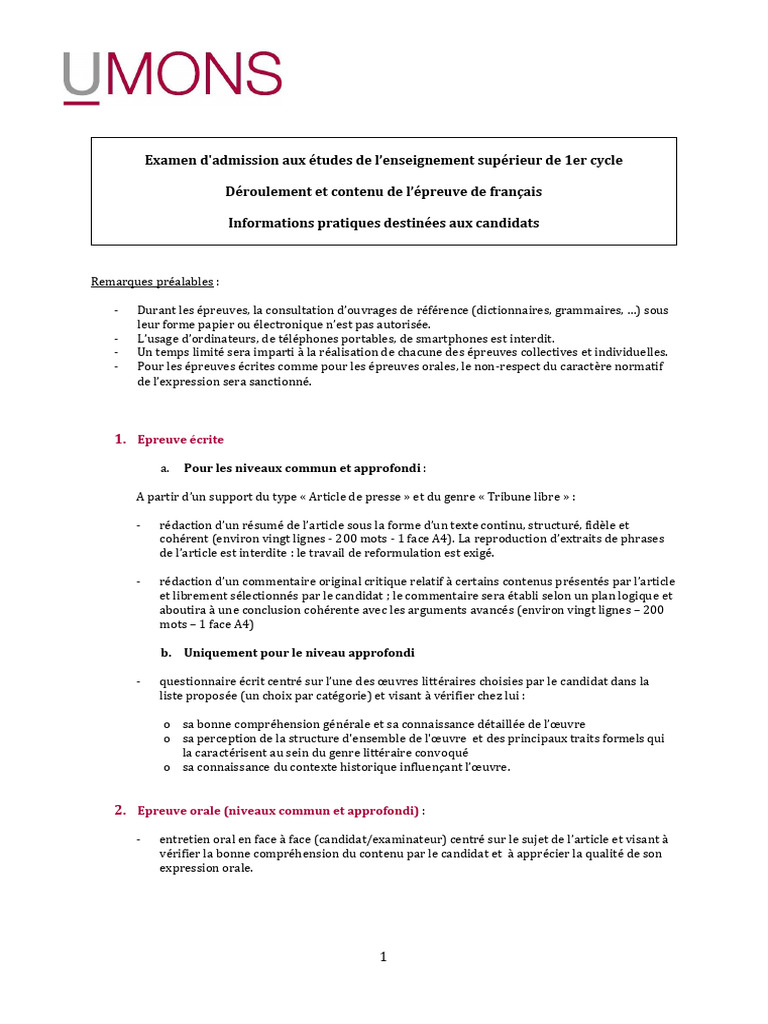 Épreuve de français : Guide candidat | PDF | Langue française