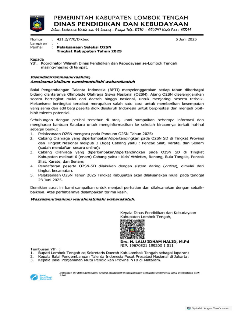 Surat Pelaksanaan O2SN Tingkat Kabupaten | PDF