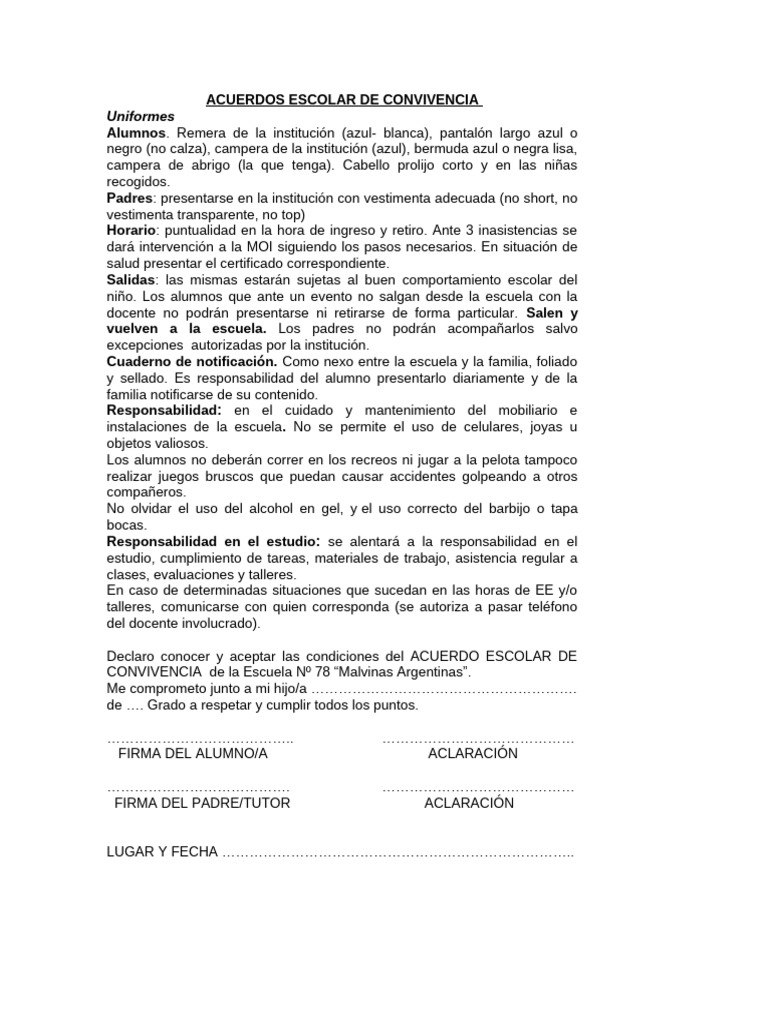Acuerdos Escolar de Convivencia 2022 | PDF