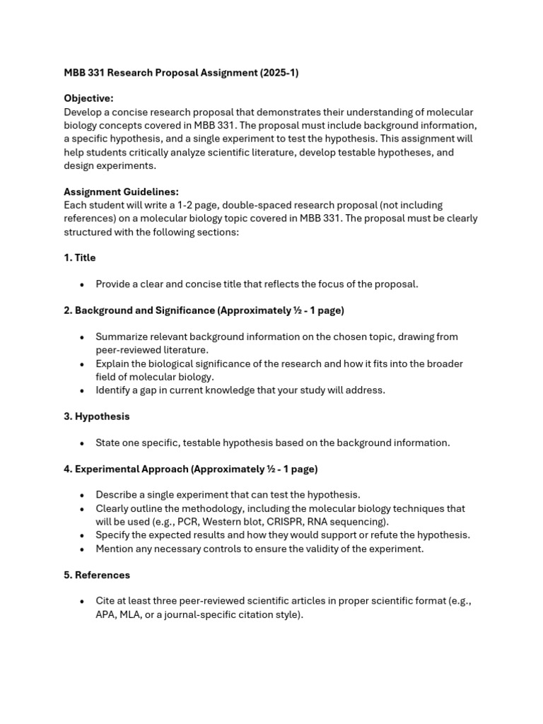 MBB 331 Research Proposal Assignment | PDF | Experiment | Hypothesis