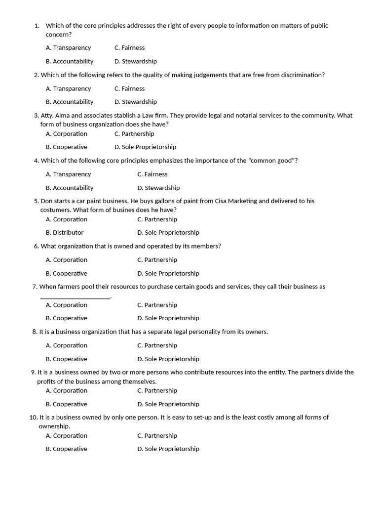 Core Business Principles and Ethics Quiz | PDF | Reason | Integrity