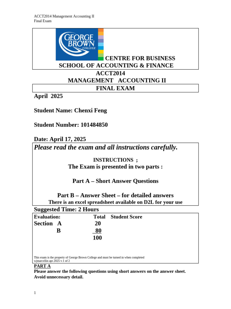 ACCT2014 Management Accounting II Exam | PDF | Net Present Value ...