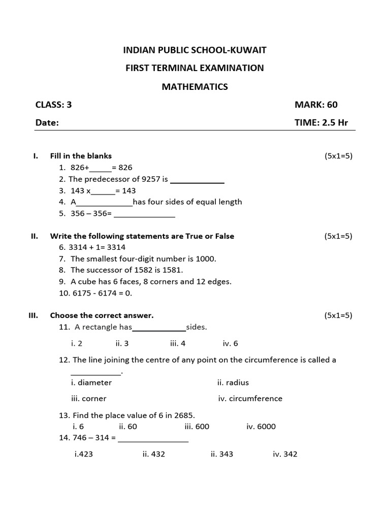 Grade 3 Mathematics Exam Paper | PDF | Subtraction | Numbers