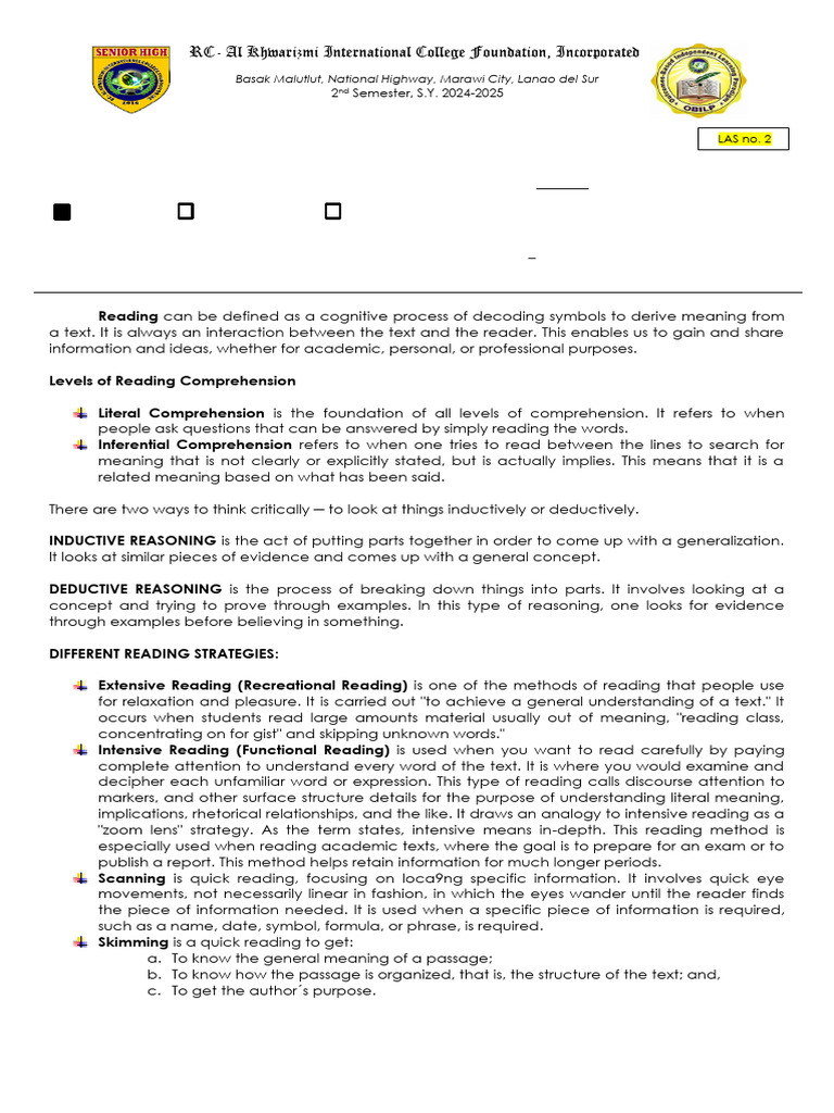 Reading Strategies for High School Students | PDF | Reading ...
