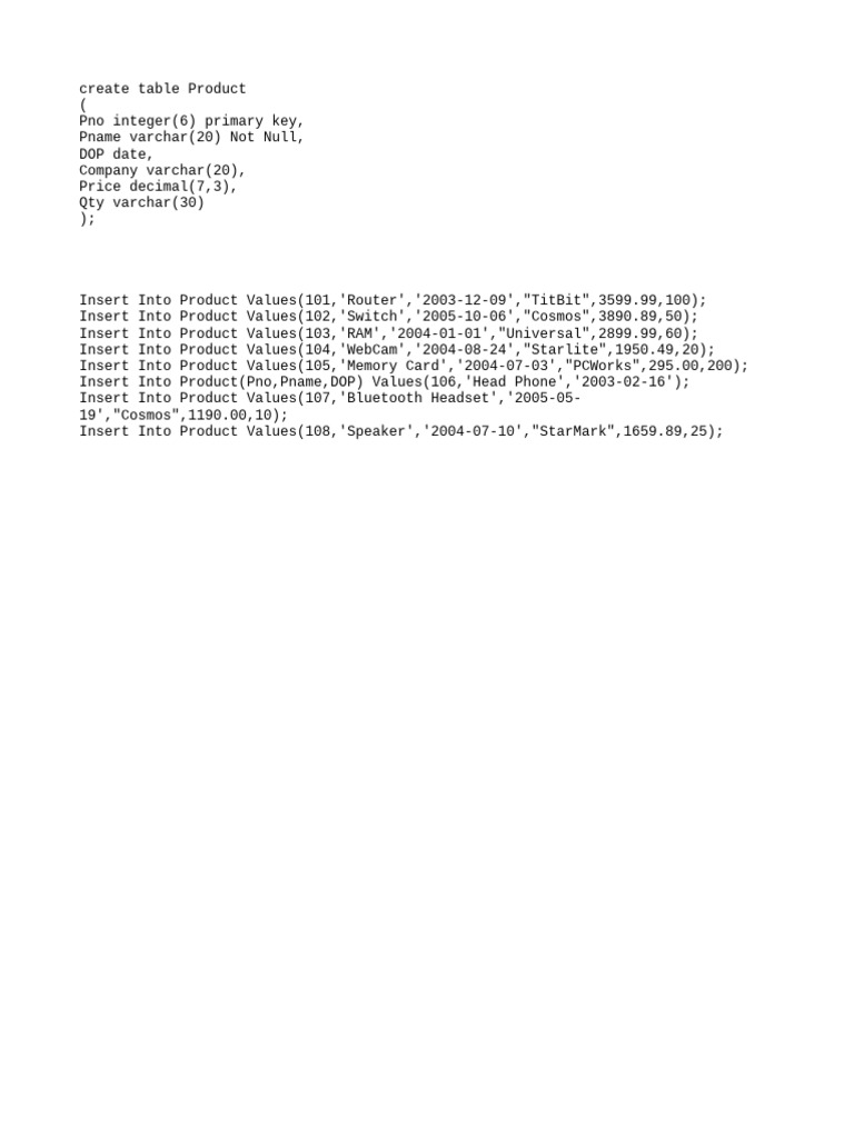SQL Product Table Creation Guide | PDF