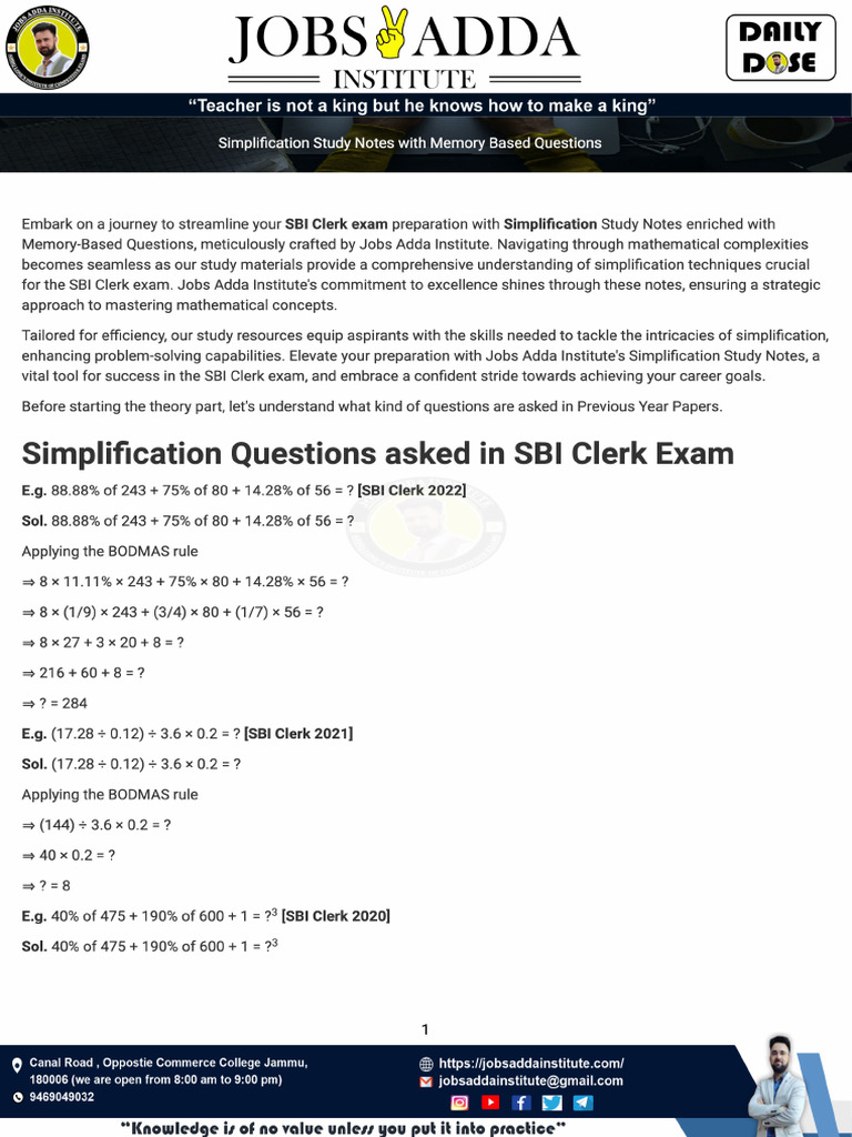Notes PDF Simplification Study Notes With Memory Based Questions | PDF